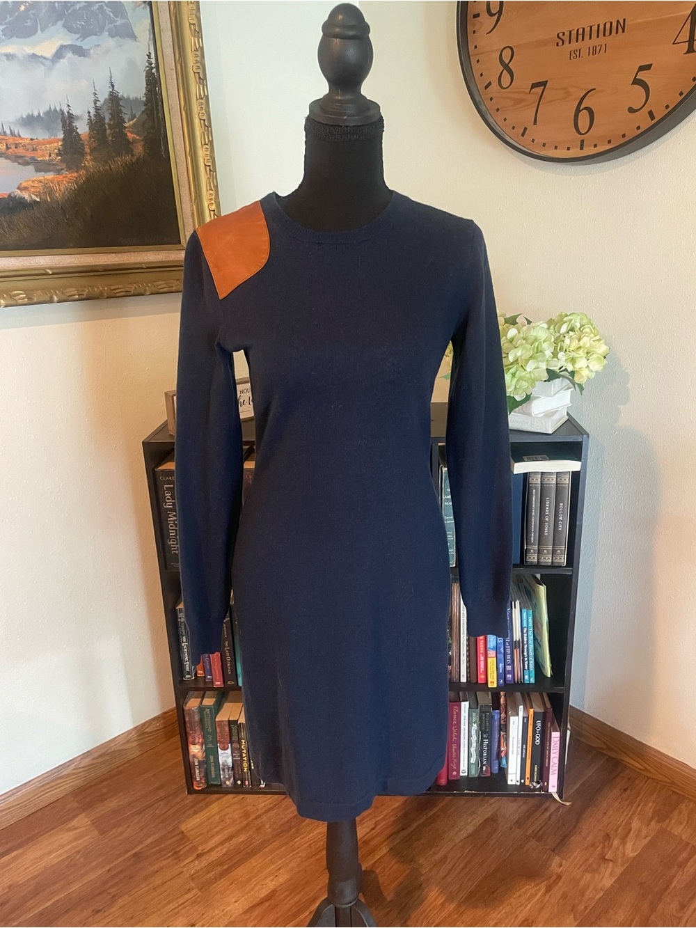 Ralph Lauren Navy Long-Sleeve Sweater Dress with Tan Shoulder Patch